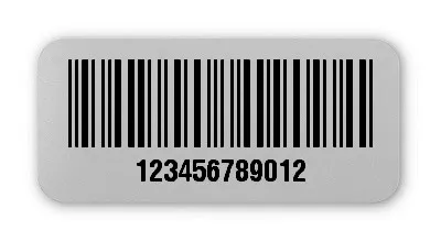 Universaletiketten Material:Polyester-Folie Silberoptik matt Größe:26x12mm Kopfzeile:"ohne" Barcode:2a5 interleaved Stellenanzahl:12-stellig Ausführung:1 Etikette pro Nummer Menge:100