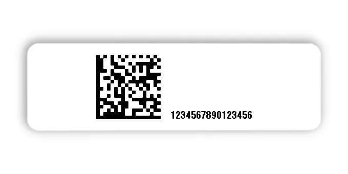 Universaletiketten Material:Polyethylen-Folie hochglänzend weiß Größe:50x15mm Kopfzeile:"ohne" Barcode:DataMatrix Stellenanzahl:16-stellig Ausführung:1 Etikette pro Nummer Menge:500