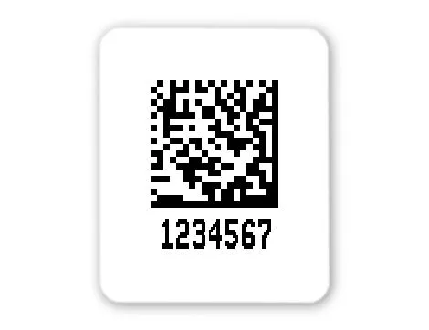 Universaletiketten Material:Polyethylen-Folie hochglänzend weiß Größe:26x22mm Kopfzeile:"ohne" Barcode:DataMatrix Stellenanzahl:7-stellig Ausführung:1 Etikette pro Nummer Menge:1000