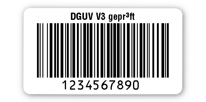 1000x Prüfetiketten Folie weiß, 45x25mm, 128B 10-stellig ff, DGUV V3 geprüft, 1 Etikett pro Nummer