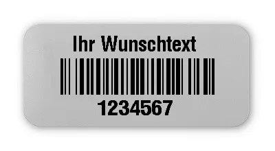 Universaletiketten Material:Folie silber matt Größe:26x12mm Kopfzeile:"Ihr Wunschtext" Barcode:128B Stellenanzahl:7-stellig Ausführung:4 Etiketten pro Nummer Menge:1000