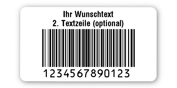 1000x Prüfetiketten Folie weiß, 45x25mm, 128B 13-stellig ff, Ihr Wunschtext, 1 Etikett pro Nummer
