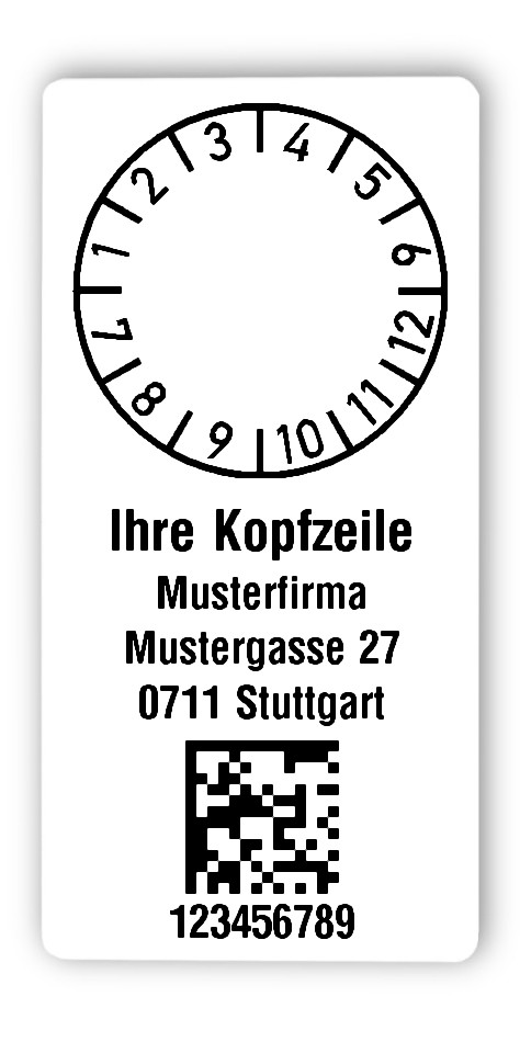 300x Prüfplaketten Folie weiß, 68x34mm, DataMatrix 9-stellig ff, Ihr Wunschtext, 1 Etikett pro Nummer