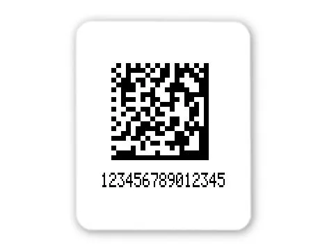 Universaletiketten Material:Polyethylen-Folie hochglänzend weiß Größe:26x22mm Kopfzeile:"ohne" Barcode:DataMatrix Stellenanzahl:15-stellig Ausführung:1 Etikette pro Nummer Menge:500