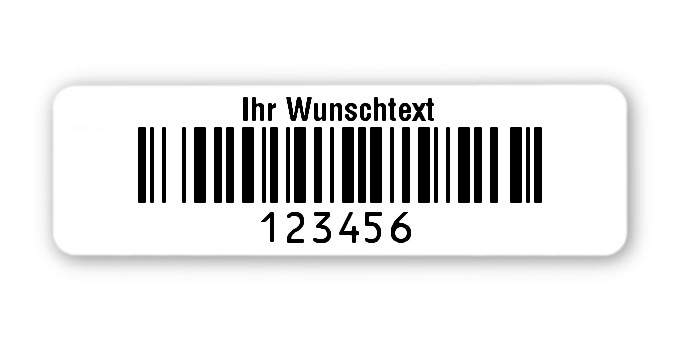 Universaletiketten Material:Thermopapier Größe:50x15mm Kopfzeile:"Ihr Wunschtext" Barcode:128B Stellenanzahl:6-stellig Ausführung:4 Etiketten pro Nummer Menge:1000