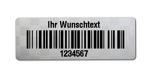 Universaletiketten Material:Siegeletikett Größe:36x13mm Kopfzeile:"Ihr Wunschtext" Barcode:128B Stellenanzahl:7-stellig Ausführung:4 Etiketten pro Nummer Etiketten je Rolle:1000