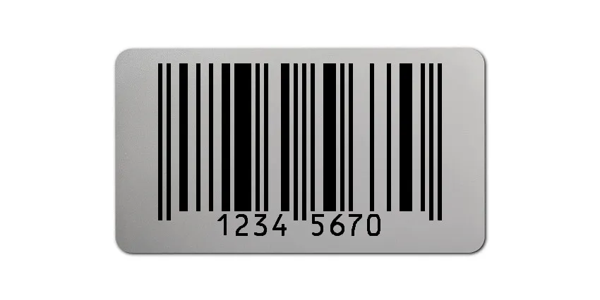 EAN Etiketten Material:Polyester-Folie Silberoptik matt Größe:45x25mm Kopfzeile:"ohne" Barcode:EAN 8 Stellenanzahl:8-stellig Menge:100