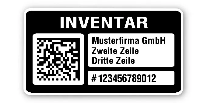 Inventaretiketten Material:Polyethylen-Folie hochglänzend weiß Größe:45x25mm Kopfzeile:"Ihr Wunschtext" Barcode:DataMatrix Stellenanzahl:12-stellig Menge:500