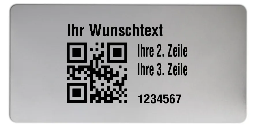 Universaletiketten Material:Polyester-Folie Silberoptik matt Größe:68x34mm Kopfzeile:"Ihr Wunschtext" Barcode:QR Stellenanzahl:7-stellig Ausführung:1 Etikette pro Nummer Menge:1000