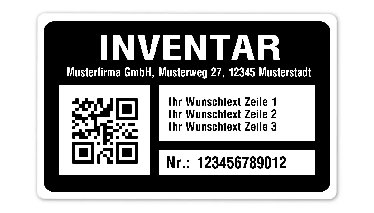 Inventaretiketten Material:Polyethylen-Folie hochglänzend weiß Größe:80x50mm Kopfzeile:"Ihr Wunschtext" Barcode:QR Stellenanzahl:12-stellig Menge:100