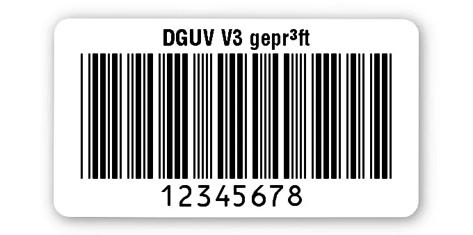 Prüfetiketten Material:Polyethylen-Folie hochglänzend weiß Größe:45x25mm Kopfzeile:"DGUV V3 geprüft" Barcode:Code 39 ohne Prüfziffer Stellenanzahl:8-stellig Ausführung:1 Etikette pro Nummer Menge:500