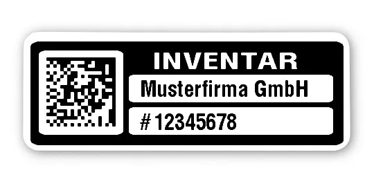 Inventaretiketten Material:Polyethylen-Folie hochglänzend weiß Größe:40x15mm Kopfzeile:"Ihr Wunschtext" Barcode:DataMatrix Stellenanzahl:8-stellig Menge:100