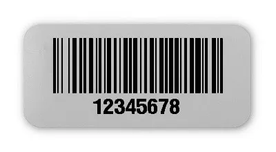 Universaletiketten Material:Folie silber matt Größe:26x12mm Kopfzeile:"ohne" Barcode:128B Stellenanzahl:8-stellig Ausführung:4 Etiketten pro Nummer Menge:1000