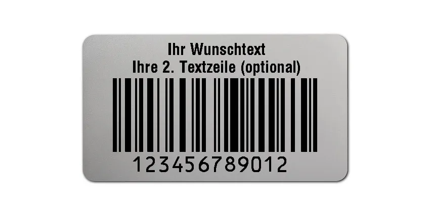 Universaletiketten Material:Polyester-Folie Silberoptik matt Größe:45x25mm Kopfzeile:"Ihr Wunschtext" Barcode:128C Stellenanzahl:12-stellig Ausführung:1 Etikette pro Nummer Menge:500