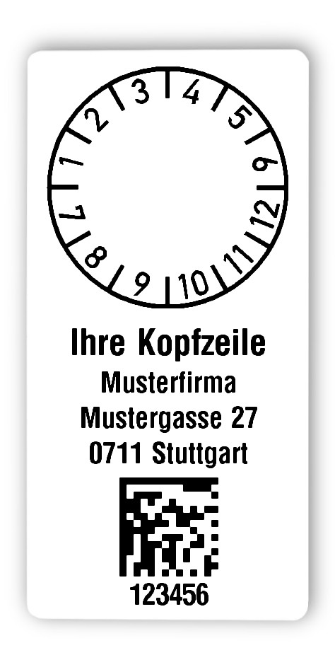 300x Prüfplaketten Folie weiß, 68x34mm, DataMatrix 6-stellig ff, Ihr Wunschtext, 1 Etikett pro Nummer