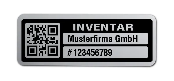 Inventaretiketten Material:Polyester-Folie Silberoptik matt Größe:40x15mm Kopfzeile:"Ihr Wunschtext" Barcode:QR Stellenanzahl:9-stellig Menge:1000