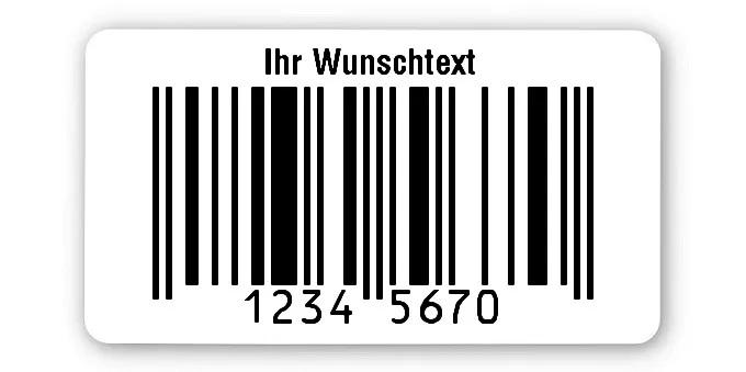 EAN Gutschein Etiketten Material:Polyethylen-Folie hochglänzend weiß Größe:45x25mm Kopfzeile:"Ihr Wunschtext" Barcode:EAN 8 Stellenanzahl:8-stellig Menge:500