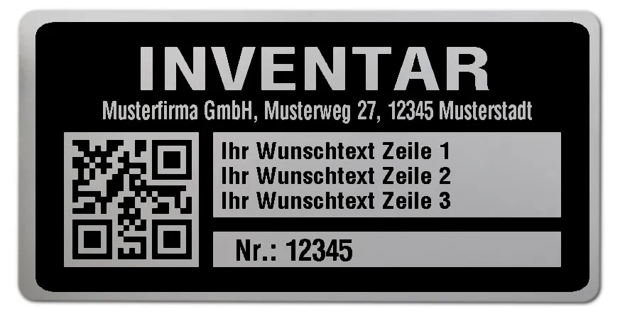 Inventaretiketten Material:Polyester-Folie Silberoptik matt Größe:68x34mm Kopfzeile:"Ihr Wunschtext" Barcode:QR Stellenanzahl:5-stellig Menge:1000