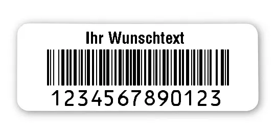 Universaletiketten Material:Folie hochglänzend weiß Größe:40x15mm Kopfzeile:"Ihr Wunschtext" Barcode:128B Stellenanzahl:13-stellig Ausführung:4 Etiketten pro Nummer Menge:500