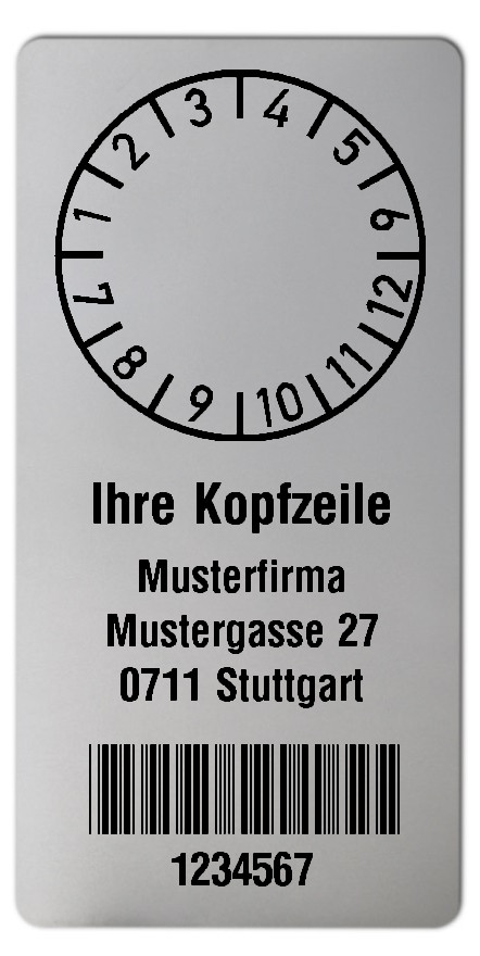 300x Prüfplaketten Folie silber, 68x34mm, 7-stellig ff, Ihr Wunschtext, 1 Etikett pro Nummer