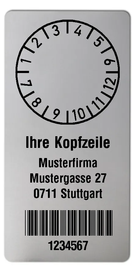 Prüfplakettenträger Material:Polyester-Folie Silberoptik matt Größe:68x34mm Kopfzeile:"Ihr Wunschtext" Barcode:Code 39 ohne Prüfziffer Stellenanzahl:7-stellig Ausführung:1 Etikette pro Nummer Menge:300
