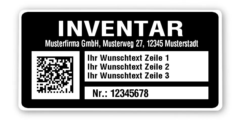 Inventaretiketten Material:Polyethylen-Folie hochglänzend weiß Größe:68x34mm Kopfzeile:"Ihr Wunschtext" Barcode:DataMatrix Stellenanzahl:8-stellig Menge:100