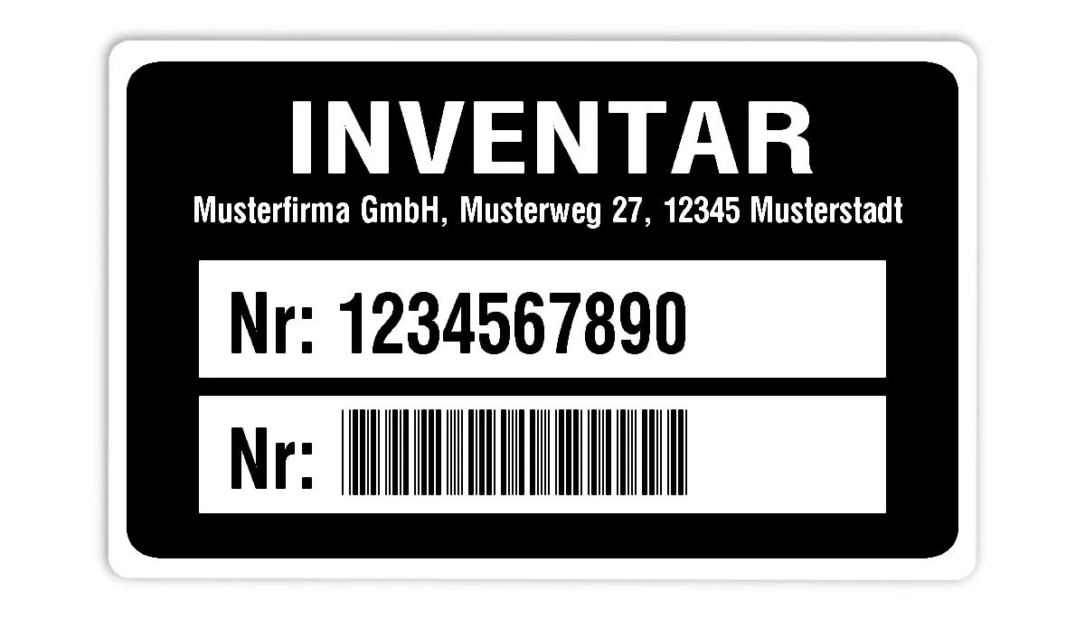 Inventaretiketten Material:Polyethylen-Folie hochglänzend weiß Größe:80x50mm Kopfzeile:"Ihr Wunschtext" Barcode:2a5 interleaved Stellenanzahl:10-stellig Ausführung:1 Etikette pro Nummer Menge:1000