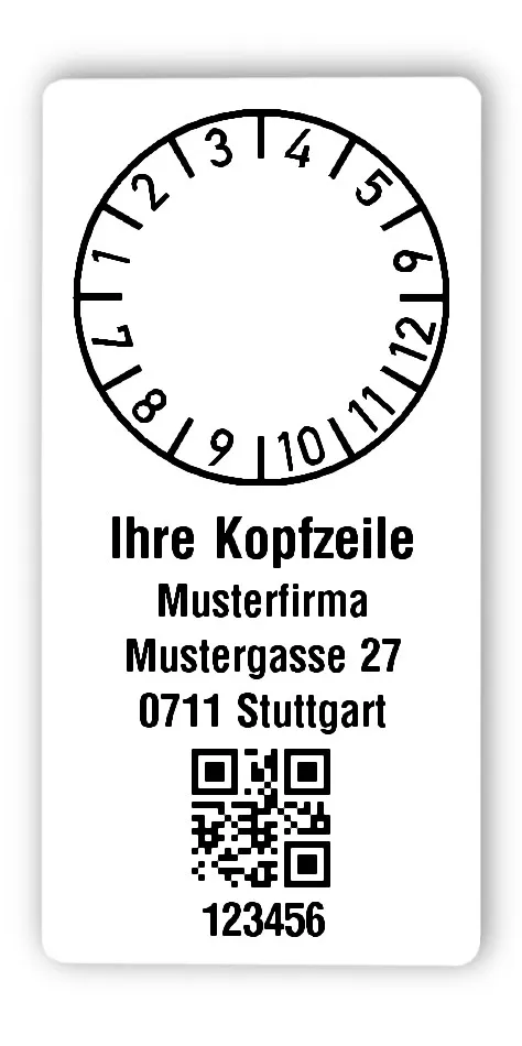 Prüfplakettenträger Material:Polyethylen-Folie hochglänzend weiß Größe:68x34mm Kopfzeile:"Ihr Wunschtext" Barcode:QR Stellenanzahl:6-stellig Ausführung:1 Etikette pro Nummer Menge:300