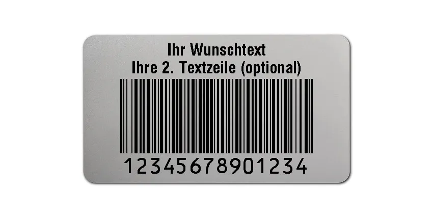 Inventaretiketten Universal Material:Folie silber matt Größe:45x25mm Kopfzeile:"Ihr Wunschtext" Barcode:128B Stellenanzahl:14-stellig Ausführung:1 Etikett pro Nummer Etiketten je Rolle:1000