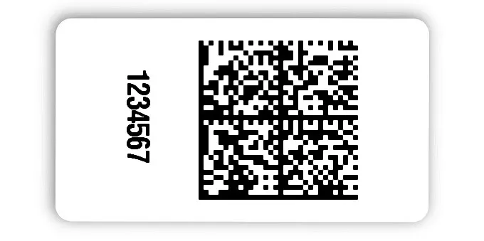 Universaletiketten Material:Polyethylen-Folie hochglänzend weiß Größe:45x25mm Kopfzeile:"ohne" Barcode:DataMatrix Stellenanzahl:7-stellig Ausführung:1 Etikette pro Nummer Menge:100