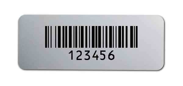 Universaletiketten Material:Folie silber matt Größe:40x15mm Kopfzeile:"ohne" Barcode:128B Stellenanzahl:6-stellig Ausführung:3 Etiketten pro Nummer Menge:300