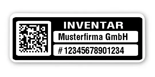Inventaretiketten Material:Polyethylen-Folie hochglänzend weiß Größe:40x15mm Kopfzeile:"Ihr Wunschtext" Barcode:DataMatrix Stellenanzahl:14-stellig Menge:100