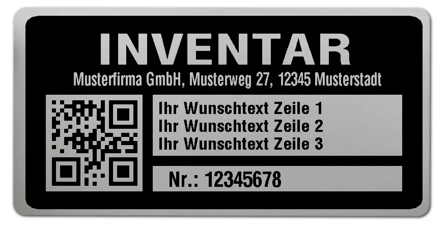 Inventaretiketten Material:Polyester-Folie Silberoptik matt Größe:68x34mm Kopfzeile:"Ihr Wunschtext" Barcode:QR Stellenanzahl:8-stellig Menge:500