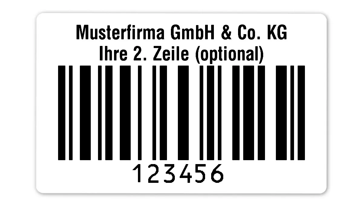 Universaletiketten Material:Polyethylen-Folie hochglänzend weiß Größe:80x50mm Kopfzeile:"Ihr Wunschtext" Barcode:128C Stellenanzahl:6-stellig Ausführung:1 Etikette pro Nummer Menge:500
