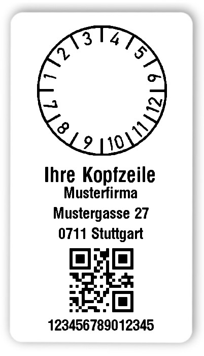 300x Prüfplaketten Folie weiß, 54x30mm, QR 15-stellig ff, Ihr Wunschtext, 1 Etikett pro Nummer