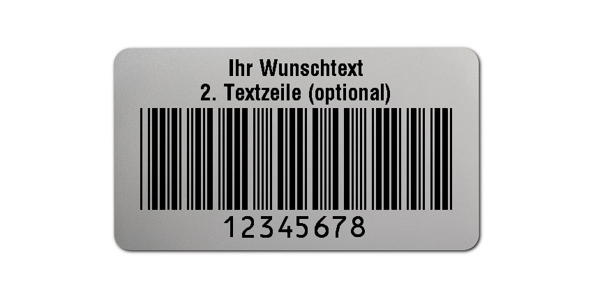 500x Prüfetiketten Folie silber, 45x25mm, 8-stellig ff, Ihr Wunschtext, 1 Etikett pro Nummer