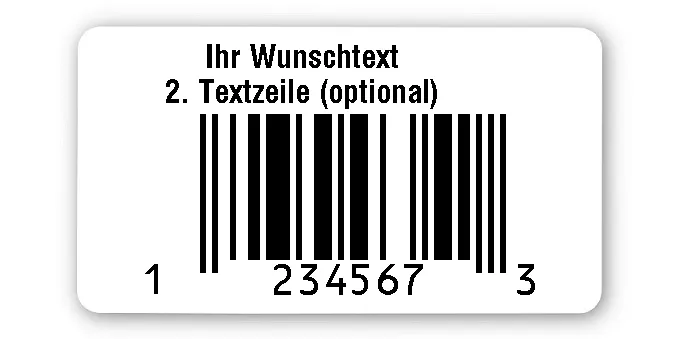 EAN Etiketten Material:Polyethylen-Folie hochglänzend weiß Größe:45x25mm Produkt:EAN Etiketten Kopfzeile:"Ihr Wunschtext" Größe:45x25mm Barcode:UPC E Stellenanzahl:7-stellig Ausführung:1 Etikette pro Nummer Menge:100