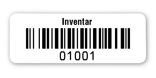Universaletiketten Material:Folie hochglänzend weiß Größe:40x15mm Kopfzeile:"Inventar" Barcode:128B Stellenanzahl:5-stellig Ausführung:1 Etikette pro Nummer Menge:1000