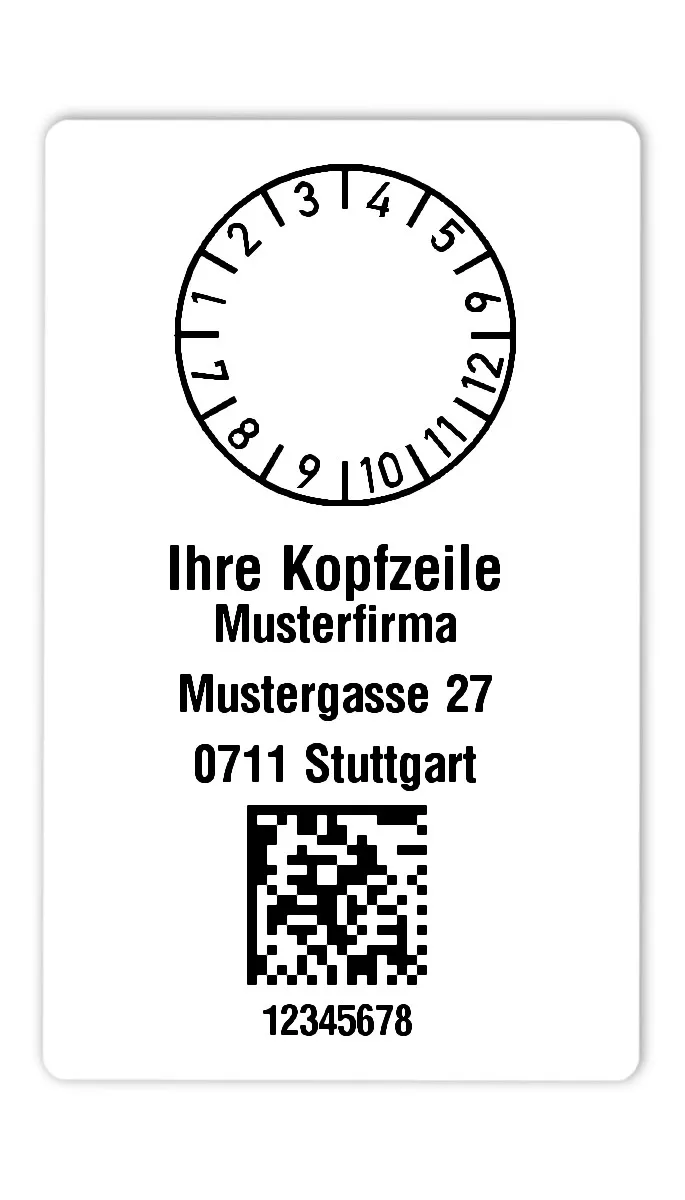Prüfplakettenträger Material:Polyethylen-Folie hochglänzend weiß Größe:80x50mm Kopfzeile:"Ihr Wunschtext" Barcode:DataMatrix Stellenanzahl:8-stellig Ausführung:1 Etikette pro Nummer Menge:300