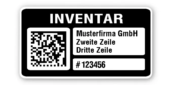 Inventaretiketten Material:Polyethylen-Folie hochglänzend weiß Größe:45x25mm Kopfzeile:"Ihr Wunschtext" Barcode:DataMatrix Stellenanzahl:6-stellig Menge:1000