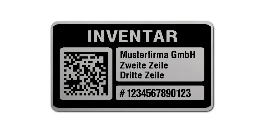Inventaretiketten Material:Polyester-Folie Silberoptik matt Größe:45x25mm Kopfzeile:"Ihr Wunschtext" Barcode:DataMatrix Stellenanzahl:13-stellig Menge:500