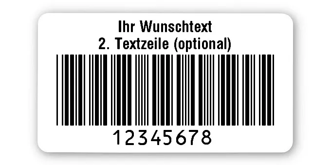 Prüfetiketten Material:Polyethylen-Folie hochglänzend weiß Größe:45x25mm Kopfzeile:"Ihr Wunschtext" Barcode:Code 39 ohne Prüfziffer Stellenanzahl:8-stellig Ausführung:1 Etikette pro Nummer Menge:500