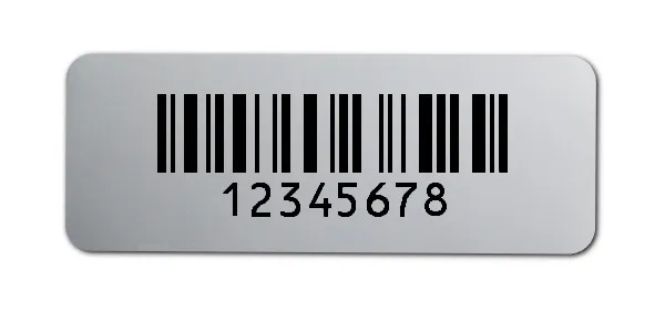 Universaletiketten Material:Folie silber matt Größe:40x15mm Kopfzeile:"ohne" Barcode:128C Stellenanzahl:8-stellig Ausführung:3 Etiketten pro Nummer Menge:300