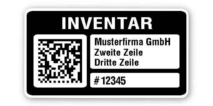 Inventaretiketten Material:Polyethylen-Folie hochglänzend weiß Größe:45x25mm Kopfzeile:"Ihr Wunschtext" Barcode:DataMatrix Stellenanzahl:5-stellig Menge:100