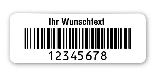 Prüfetiketten Material:Polyethylen-Folie hochglänzend weiß Größe:40x15mm Kopfzeile:"Ihr Wunschtext" Barcode:128B Stellenanzahl:8-stellig Ausführung:1 Etikette pro Nummer Menge:500