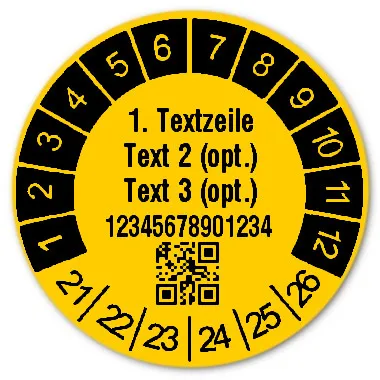 Produktbild:Prüfetiketten Material:Folie gelb Größe:Ø 30mm Kopfzeile:"Ihr Wunschtext" Barcode:QR Stellenanzahl:14-stellig Ausführung:1 Etikett pro Nummer Etiketten je Rolle:1000