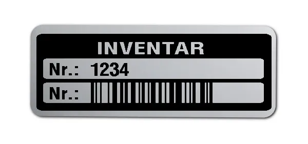 Inventaretiketten Material:Polyester-Folie Silberoptik matt Größe:40x15mm Kopfzeile:"Inventar" Barcode:128B Stellenanzahl:4-stellig Menge:500