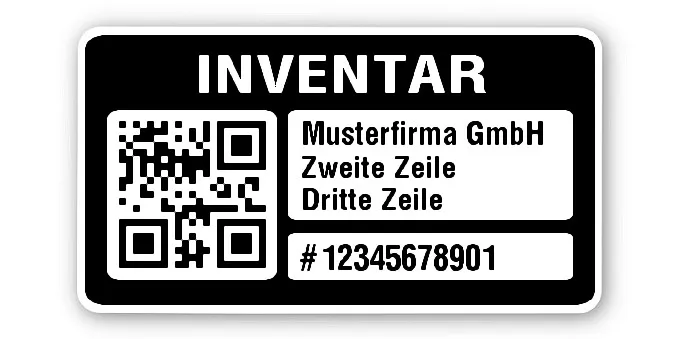 Inventaretiketten Material:Polyethylen-Folie hochglänzend weiß Größe:45x25mm Kopfzeile:"Ihr Wunschtext" Barcode:QR Stellenanzahl:11-stellig Menge:100