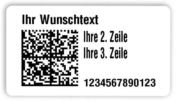 Universaletiketten Material:Folie hochglänzend weiß Größe:54x30mm Kopfzeile:"Ihr Wunschtext" Barcode:DataMatrix Stellenanzahl:13-stellig Ausführung:3 Etiketten pro Nummer Menge:300