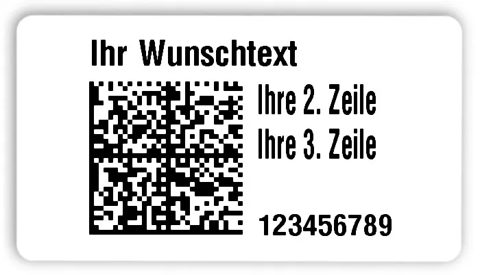 Universaletiketten Material:Folie hochglänzend weiß Größe:54x30mm Kopfzeile:"Ihr Wunschtext" Barcode:DataMatrix Stellenanzahl:9-stellig Ausführung:3 Etiketten pro Nummer Menge:300